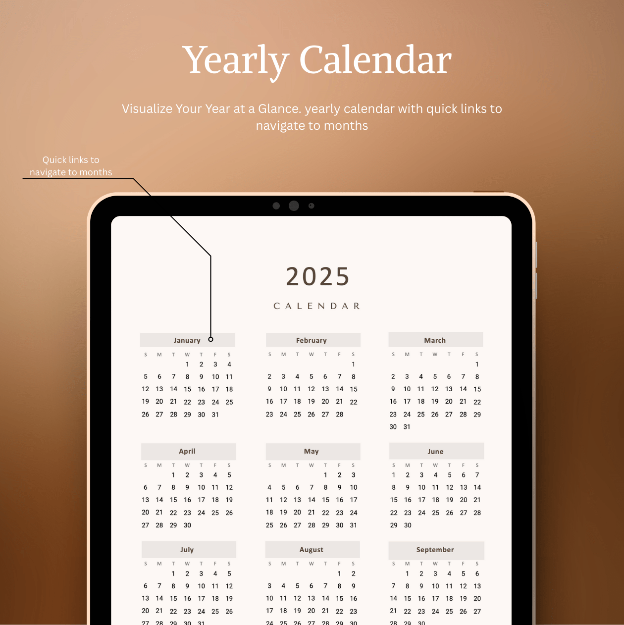 2025 yearly calendar displayed on a tablet with a brown gradient background